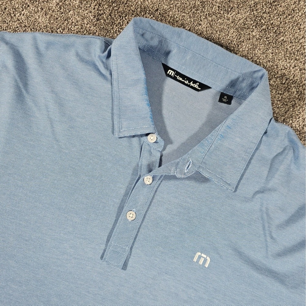 TravisMathew Polo Shirt Mens XL Light Blue Micro-Stripe Pima Cotton Golf Top